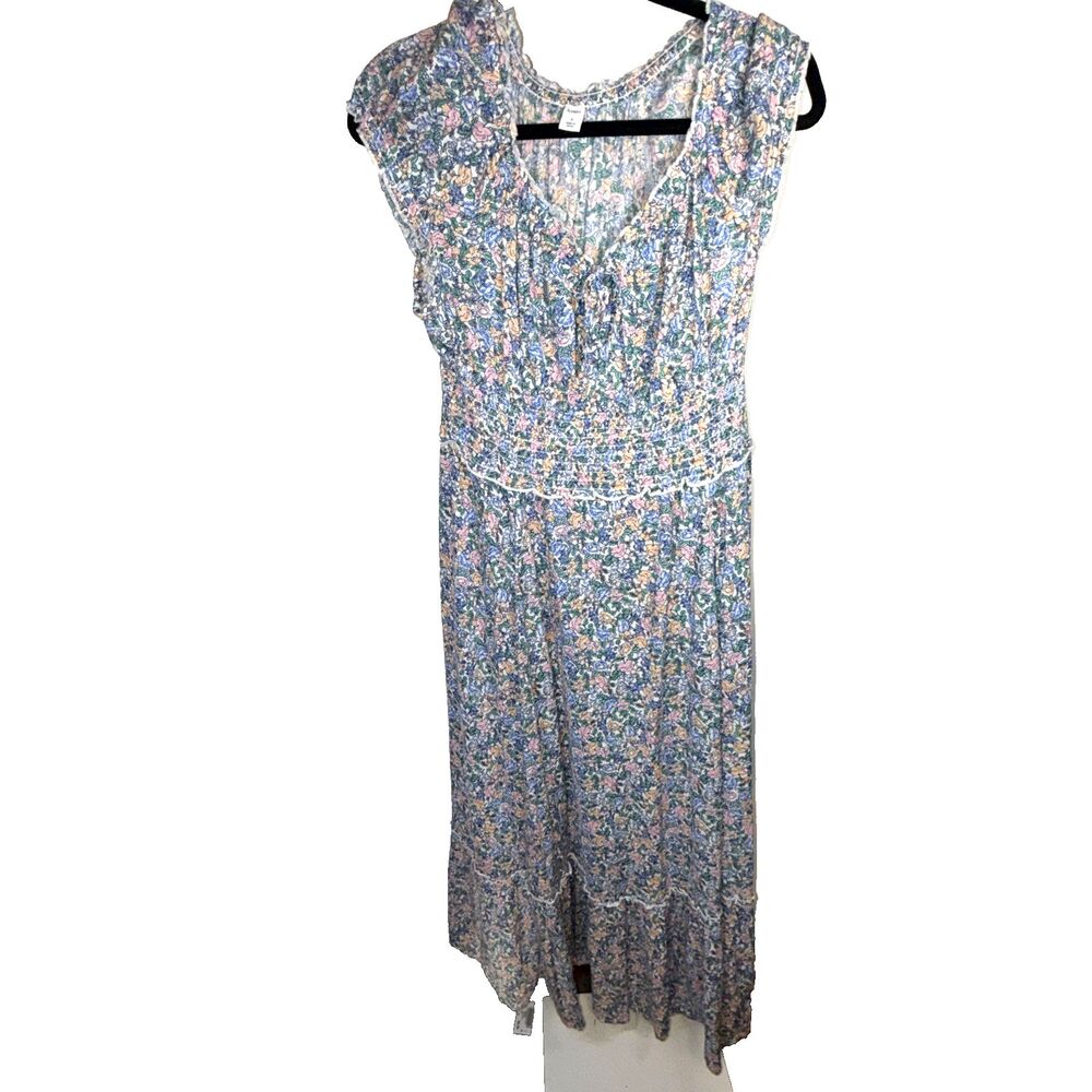 Women's Sm Floral Maxi Dress Babydoll Bow Ruffle Smocked Milkmaid Coquette 90's